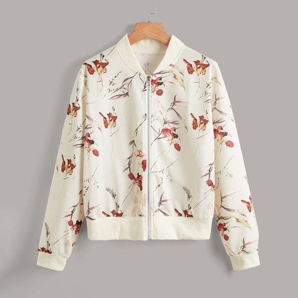 

Floral Print Zip-up Bomber Jacket, Beige