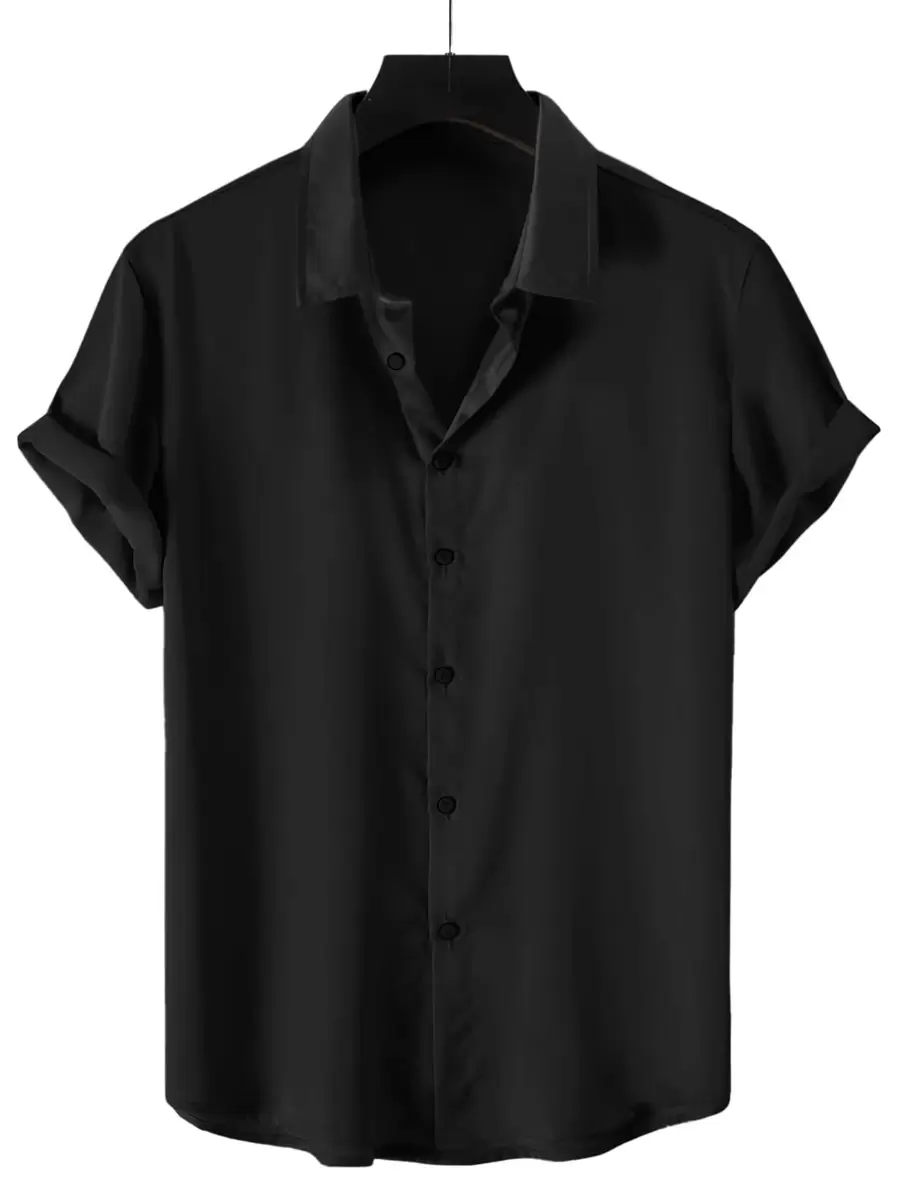 Manfinity Homme Men Button Through Solid Shirt Button Up Shirt, Black Button Up Shirt, Plain Black Shirt, Men's Black Shirt, Black Shirt - Black - View 1