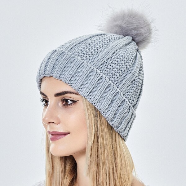 

Pom Pom Decor Knitted Hat, Light grey