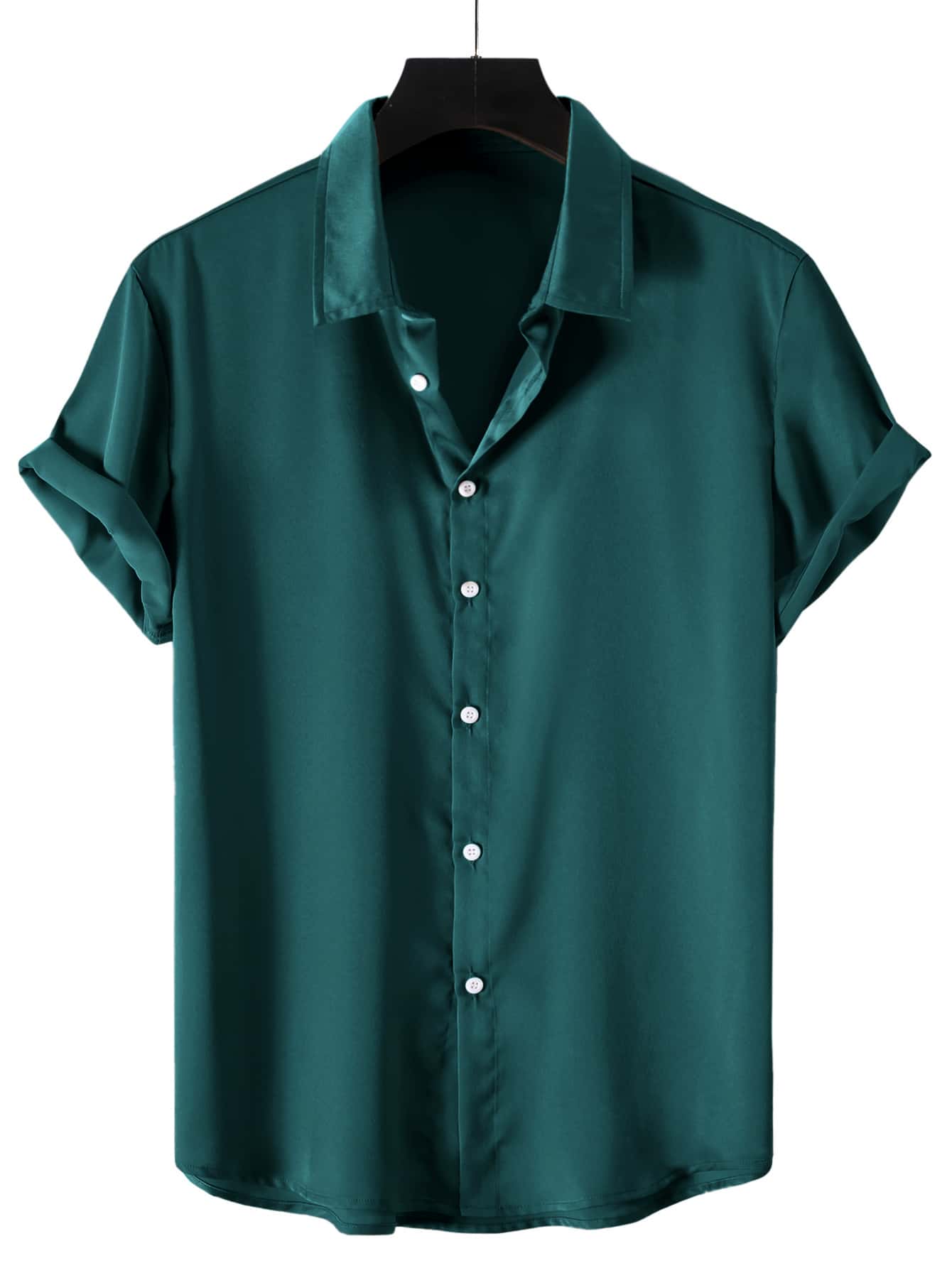 Manfinity Homme 男士前排扣素色襯衫 - 墨綠色 - 查看 1
