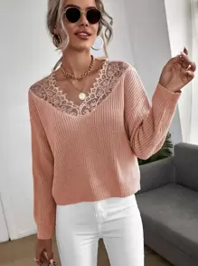 Jersey con encaje en contraste tejido de canalé