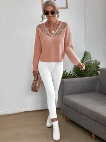 Jersey con encaje en contraste tejido de canalé