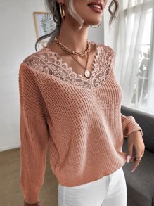 Jersey con encaje en contraste tejido de canalé