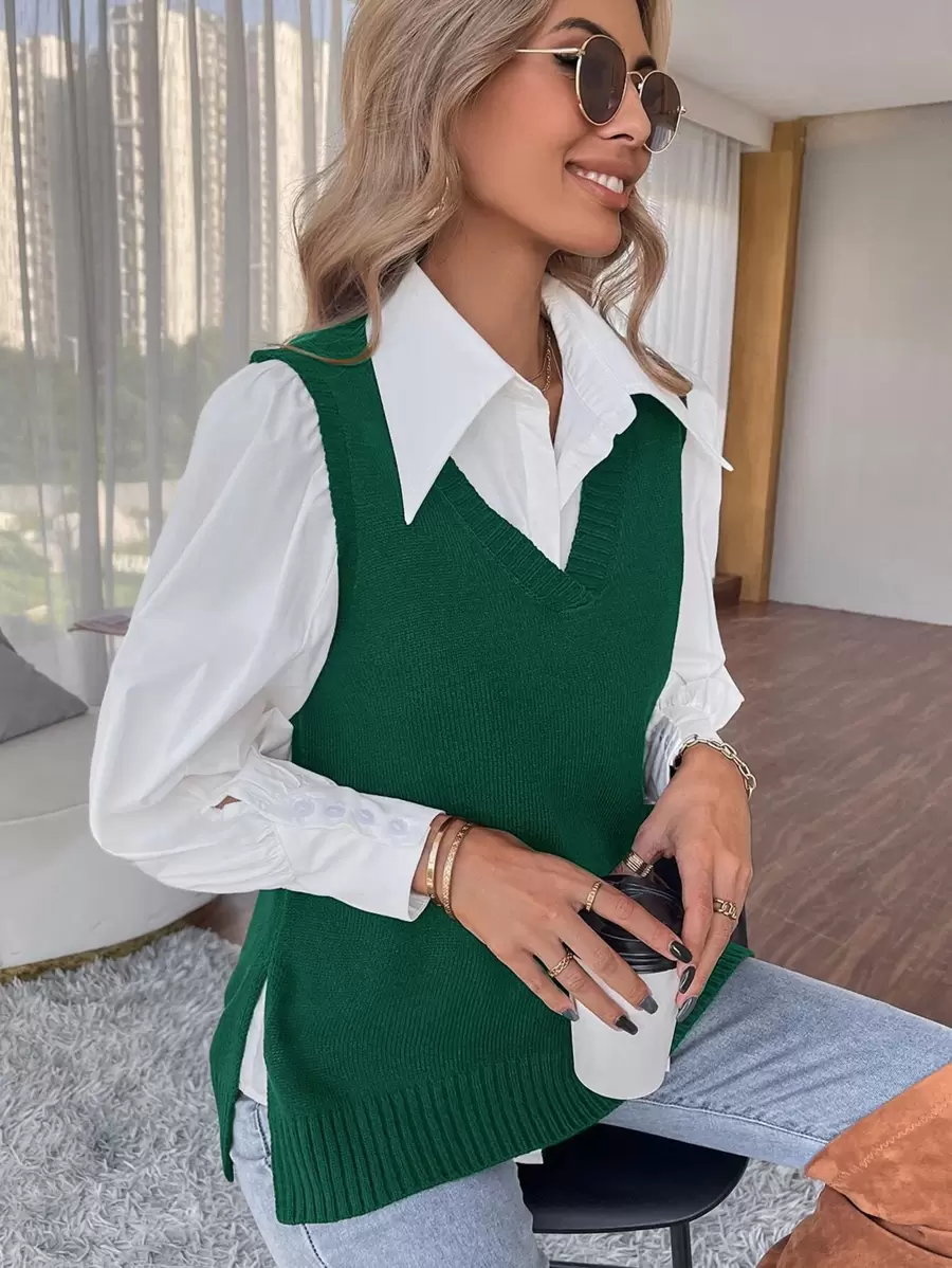 SHEIN Essnce Split Hem Sweater Vest Without Blouse In Fall/Winter - Dark Green - View 1