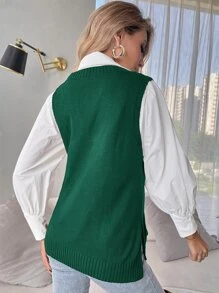 SHEIN Essnce Split Hem Sweater Vest Without Blouse In Fall/Winter - Dark Green - View 2