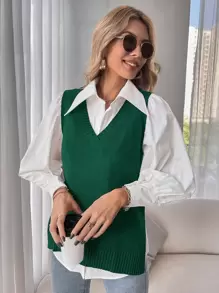 SHEIN Essnce Split Hem Sweater Vest Without Blouse In Fall/Winter - Dark Green - View 3