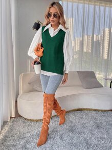SHEIN Essnce Split Hem Sweater Vest Without Blouse In Fall/Winter - Dark Green - View 4