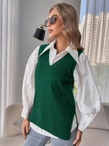 SHEIN Essnce Split Hem Sweater Vest Without Blouse In Fall/Winter - Dark Green - View 5