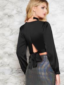 SHEIN Draped Tie Back Satin Top - Black - View 2