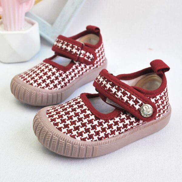 

Girls Houndstooth Pattern Velcro Strap Mary Jane Flats, Red and white