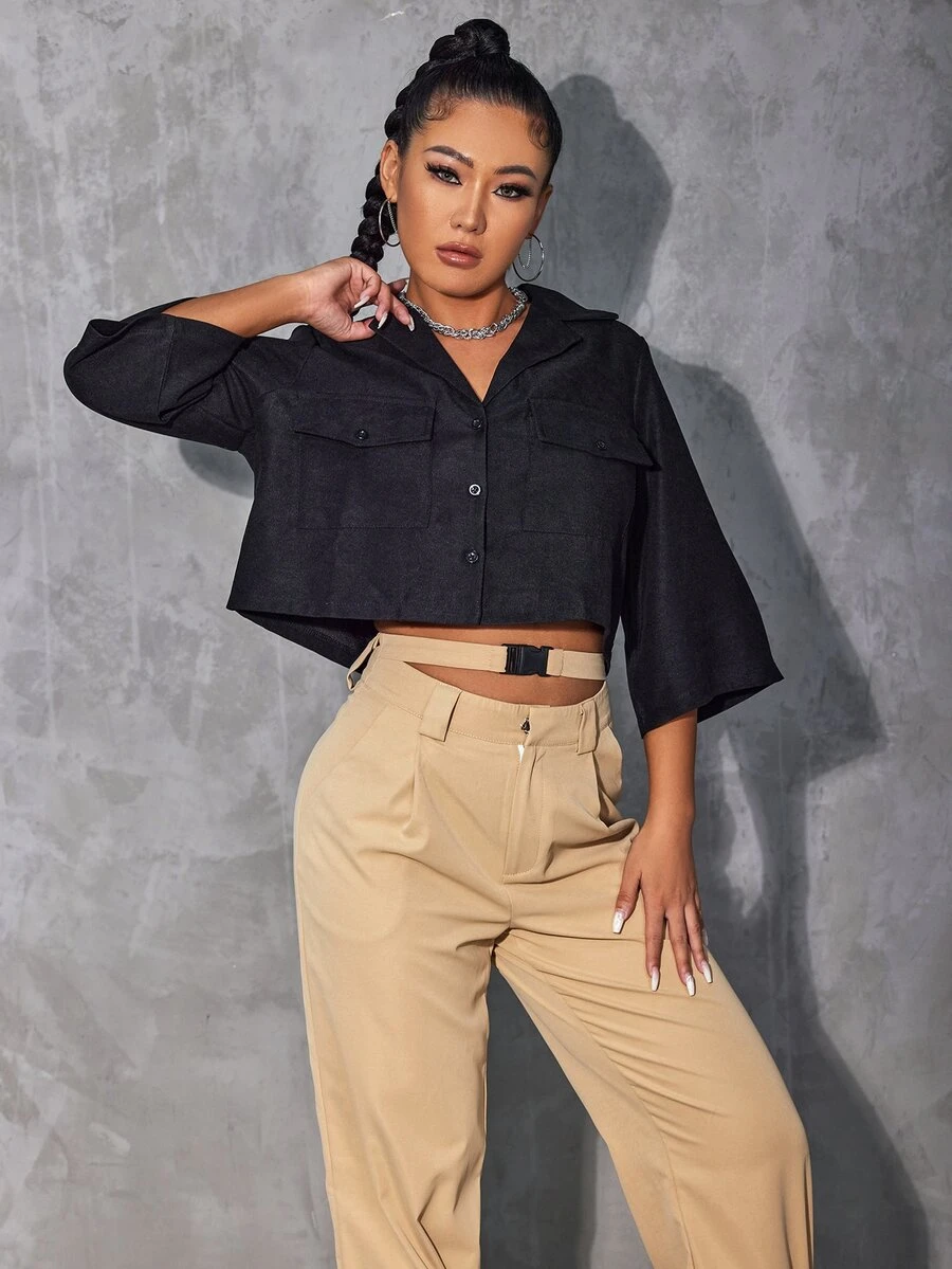 Notched Collar Flap Pocket Front Blouse - Black - View 1