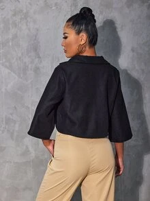 Notched Collar Flap Pocket Front Blouse - Black - View 2
