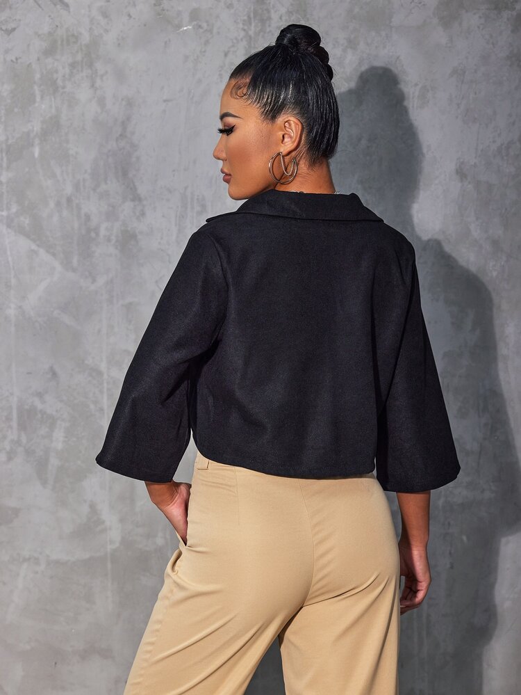 Notched Collar Flap Pocket Front Blouse - Black - View 2