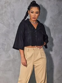Notched Collar Flap Pocket Front Blouse - Black - View 3