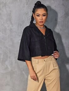 Notched Collar Flap Pocket Front Blouse - Black - View 4