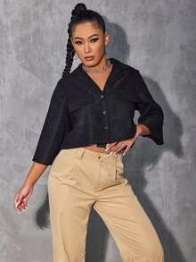Notched Collar Flap Pocket Front Blouse - Black - View 5