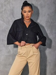 Notched Collar Flap Pocket Front Blouse - Black - View 6