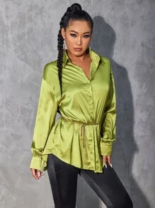Camisa con botón delantero amplio de satén - Verde Lima - Ver 3