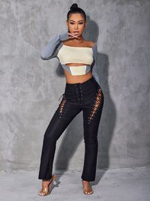 SHEIN VaVaLuxe Color Block Cut Out Crop Tee - Multicolor - View 3