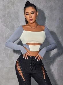 SHEIN VaVaLuxe Color Block Cut Out Crop Tee - Multicolor - View 4