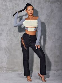 SHEIN VaVaLuxe Color Block Cut Out Crop Tee - Multicolor - View 6