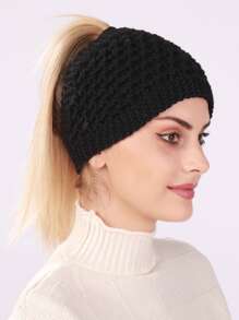 1 件女士纯色玉米粒纹理休闲街头服饰亚克力提花保暖头带，完美适合发饰、可穿戴面罩、秋冬针织耳暖帽头巾头带吸汗带 - 黑色 - 查看 3