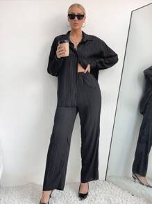 RueChic Drop Shoulder Shirt & Trousers - Black - View 3