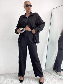 RueChic Drop Shoulder Shirt & Trousers - Black - View 8