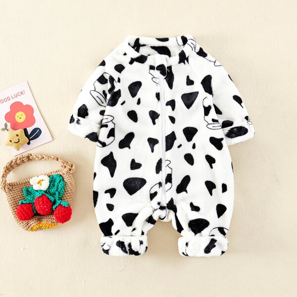 

Baby Cow Print Raglan Sleeve Flannel Jumpsuit, Black and white