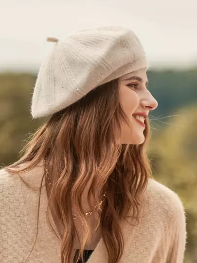 1pc Women's Beret Hat, Autumn And Winter British Style Retro Multicolor Painter Cap With Small Sequins, Fashionable For Travelling In Winter