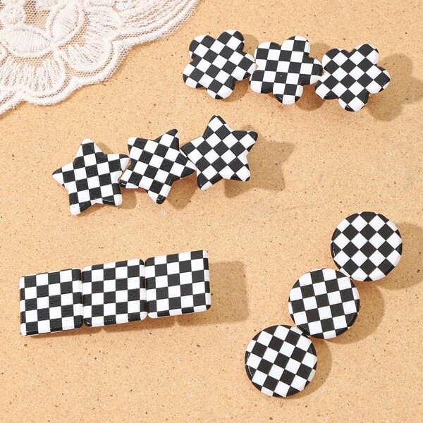 

4pcs Plaid Star & Flower Decor Hair Clip, Multicolor