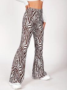 SHEIN PETITE 斑馬紋喇叭褲 - 棕色 - 查看 3