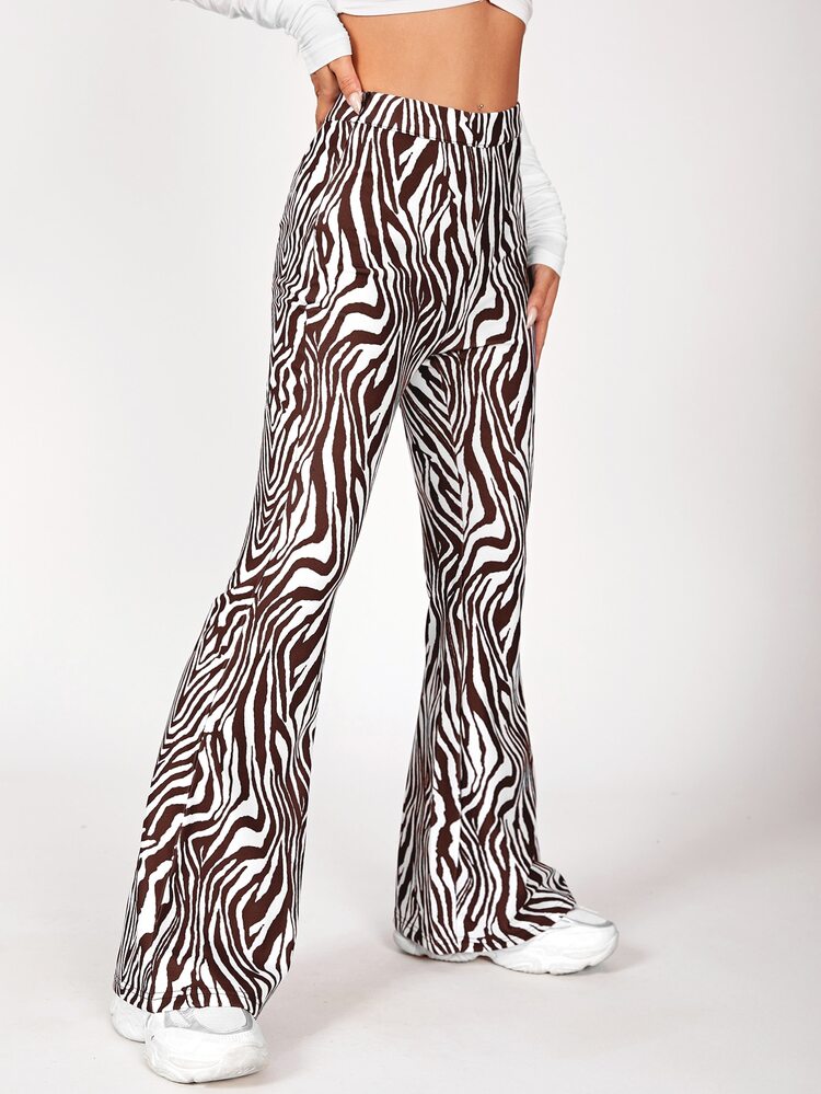 SHEIN PETITE 斑馬紋喇叭褲 - 棕色 - 查看 3