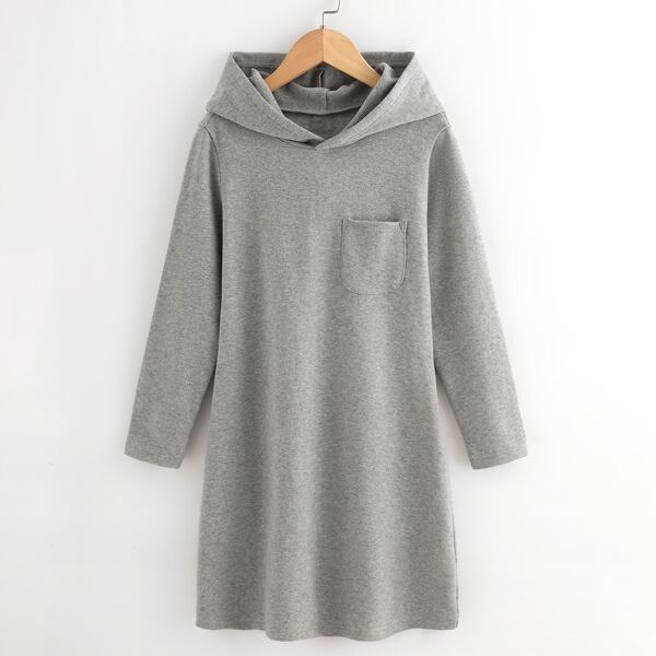 

Girls Pocket Patched Hoodie Dress, Grey