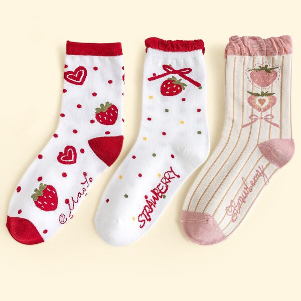 

3pairs Strawberry Print Crew Socks, Multicolor