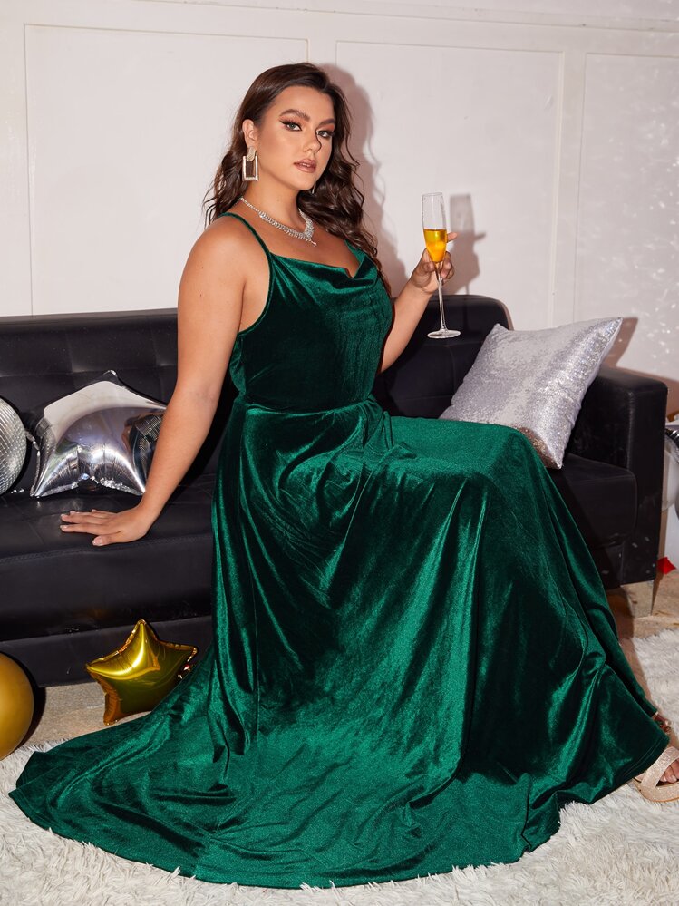 ワンピース maison celon shirring drape velour dress SHEIN Belle Plus Draped Collar Velvet Floor Length Dress | SHEIN