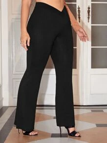 SHEIN Privé Plus Asymmetrical High Waist Flare Leg Trousers - Black - View 3