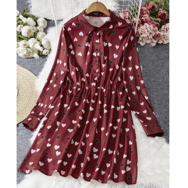 

Plus Heart Print Half Button Shirt Dress, Burgundy