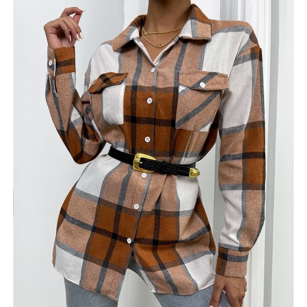 

Plaid Flap Pocket Drop Shoulder Blouse Without Belt, Coffee brown