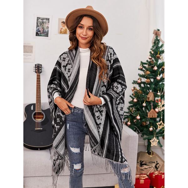 

Geo Pattern Fringe Trim Poncho Cardigan, Multicolor