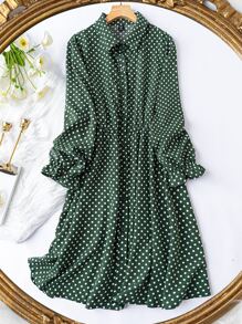 Plus Polka Dot Button Up Shirt Dress - Green - View 1