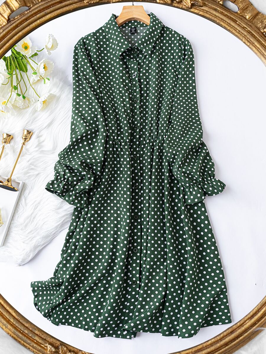 Plus Polka Dot Button Up Shirt Dress - Green - View 1