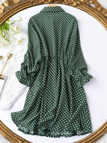 Plus Polka Dot Button Up Shirt Dress - Green - View 2