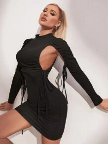 鏤空側打結小高領緊身洋裝 - 黑色 - 查看 4