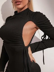 鏤空側打結小高領緊身洋裝 - 黑色 - 查看 6