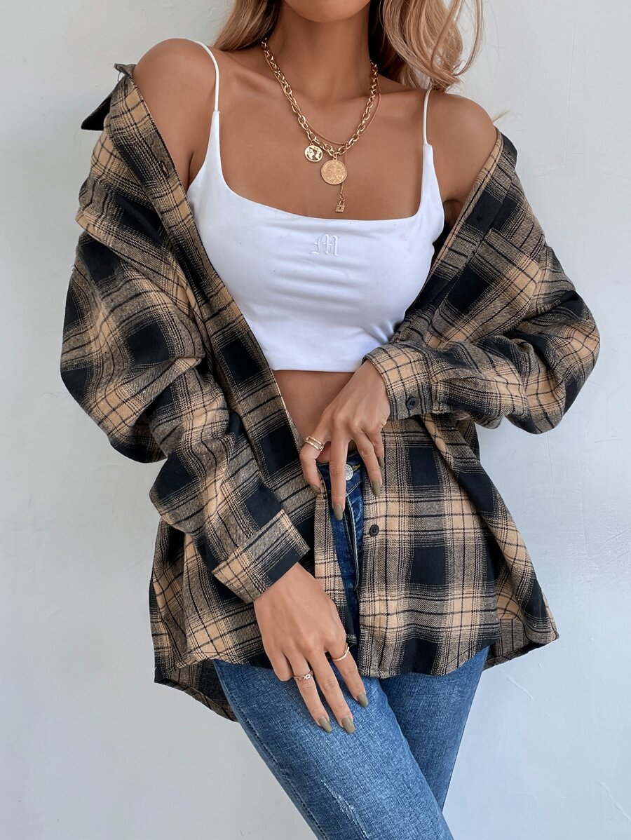 SHEIN LUNE Drop Shoulder Tartan Longline Blouse Women Shirt - Multicolor - View 1