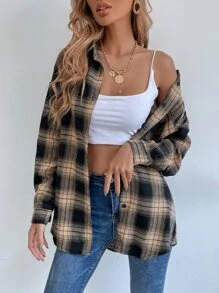 SHEIN LUNE Drop Shoulder Tartan Longline Blouse Women Shirt - Multicolor - View 3