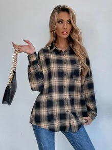 SHEIN LUNE Drop Shoulder Tartan Longline Blouse Women Shirt - Multicolor - View 5