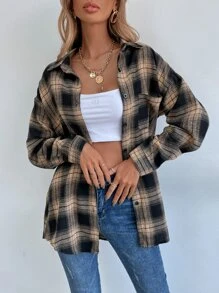 SHEIN LUNE Drop Shoulder Tartan Longline Blouse Women Shirt - Multicolor - View 6
