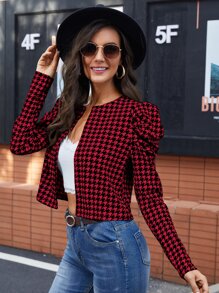 SHEIN Clasi 千鳥格羊腿袖開門襟夾克 - 紅白色 - 查看 1